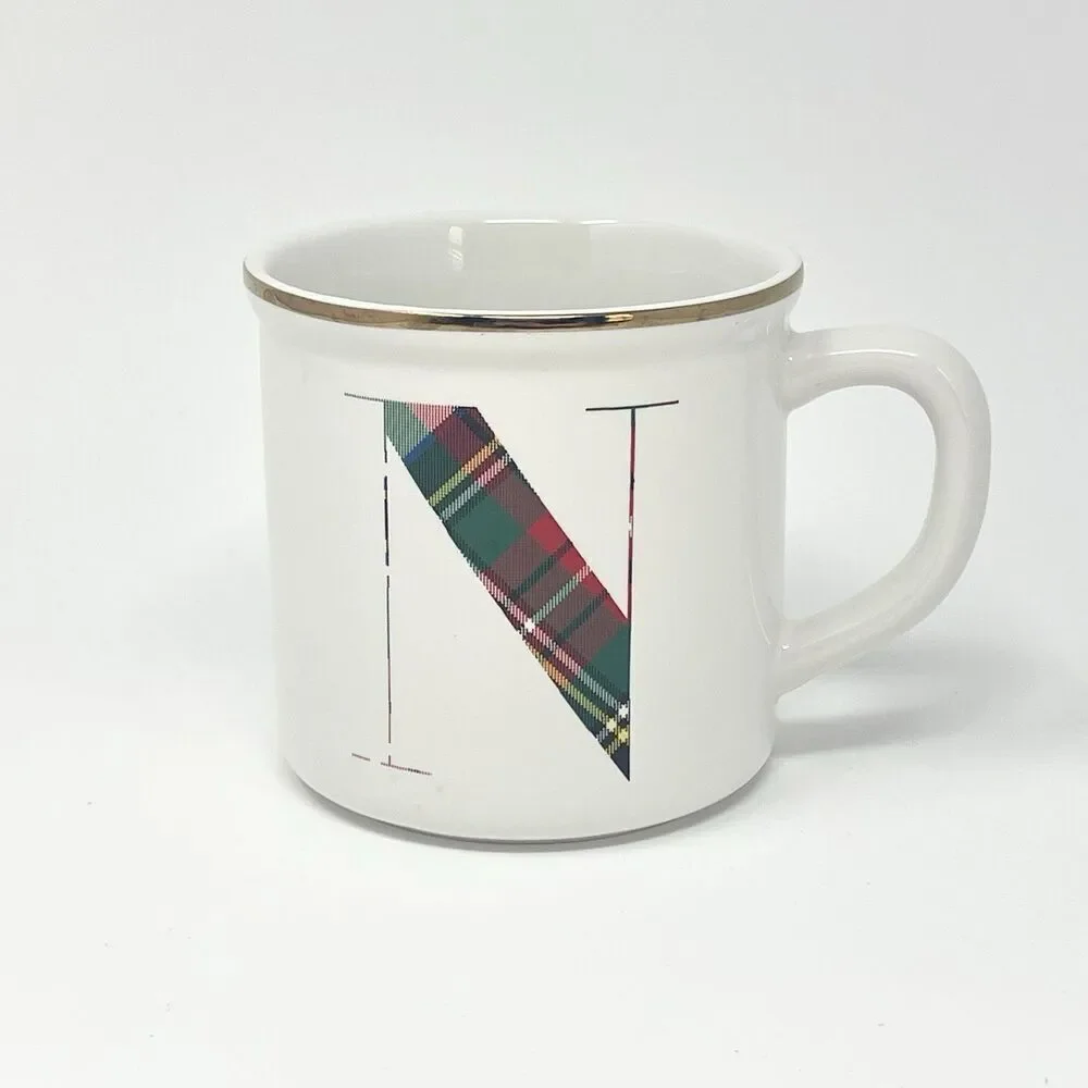 New Pottery Barn Plaid Alphabet Cup Mug Letter N Initial Monogram 16 oz. NWT